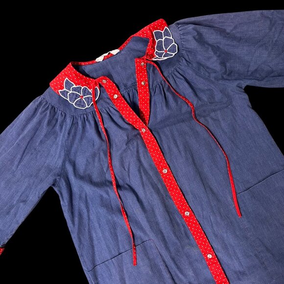 Vintage Duster House Coat Robe Blue Red Floral Snaps Cotton Retro Pockets - Picture 1 of 9